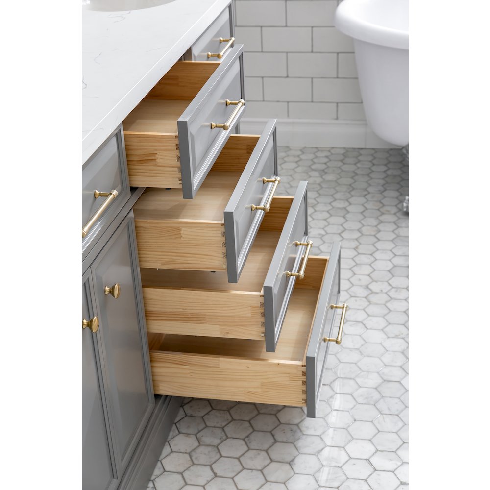 Palace 72 In. Double Sink Carrara Quartz Countertop Bath Vanity in Cashmere Grey. Picture 7