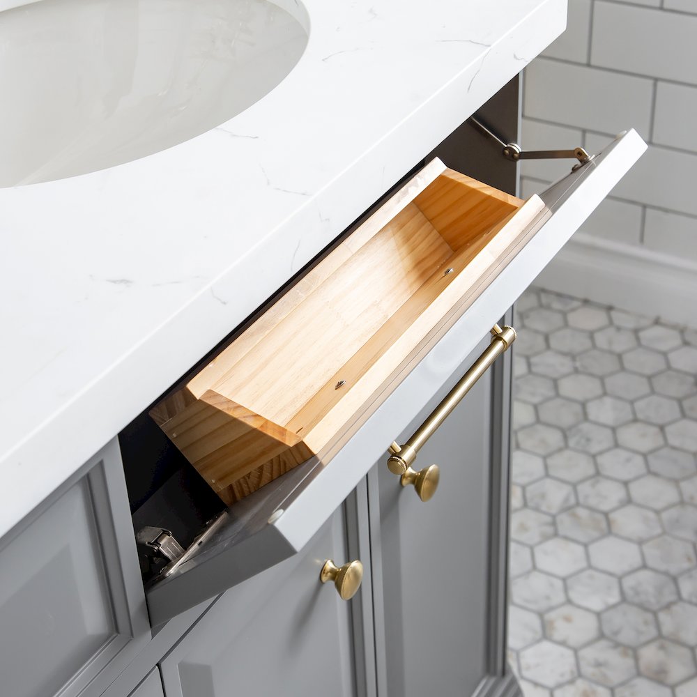 Palace 72 In. Double Sink Carrara Quartz Countertop Bath Vanity in Cashmere Grey. Picture 8