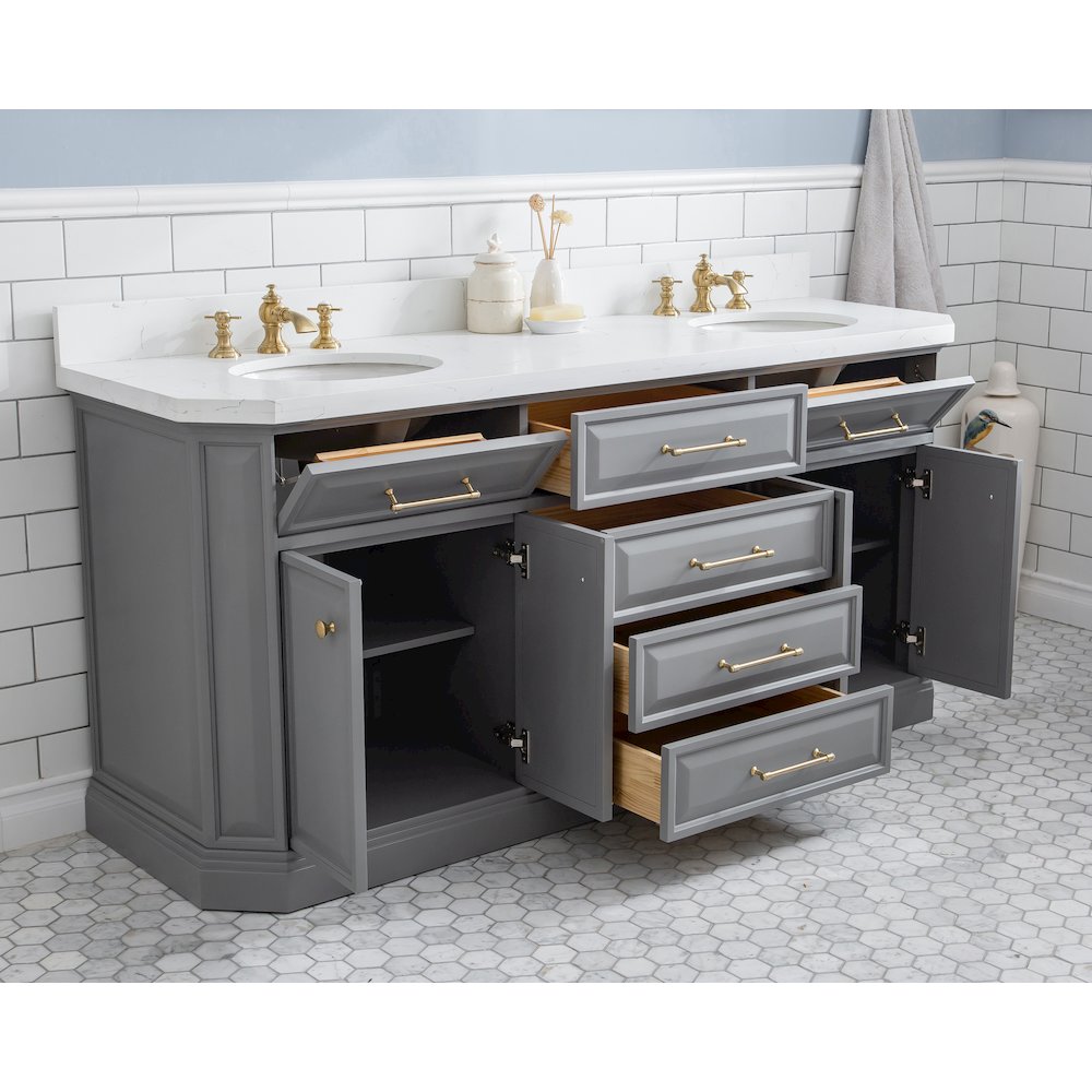 Palace 72 In. Double Sink Carrara Quartz Countertop Bath Vanity in Cashmere Grey. Picture 4