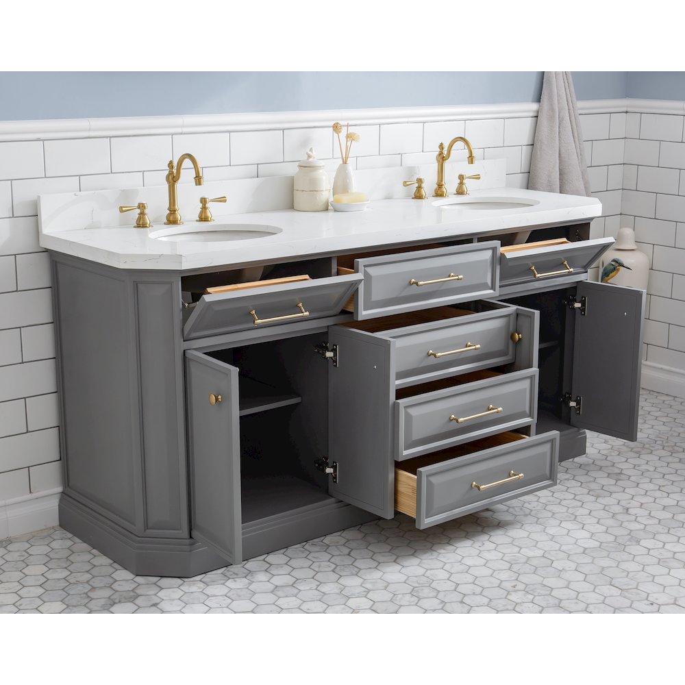 Palace 72 In. Double Sink Carrara Quartz Countertop Bath Vanity in Cashmere Grey. Picture 4