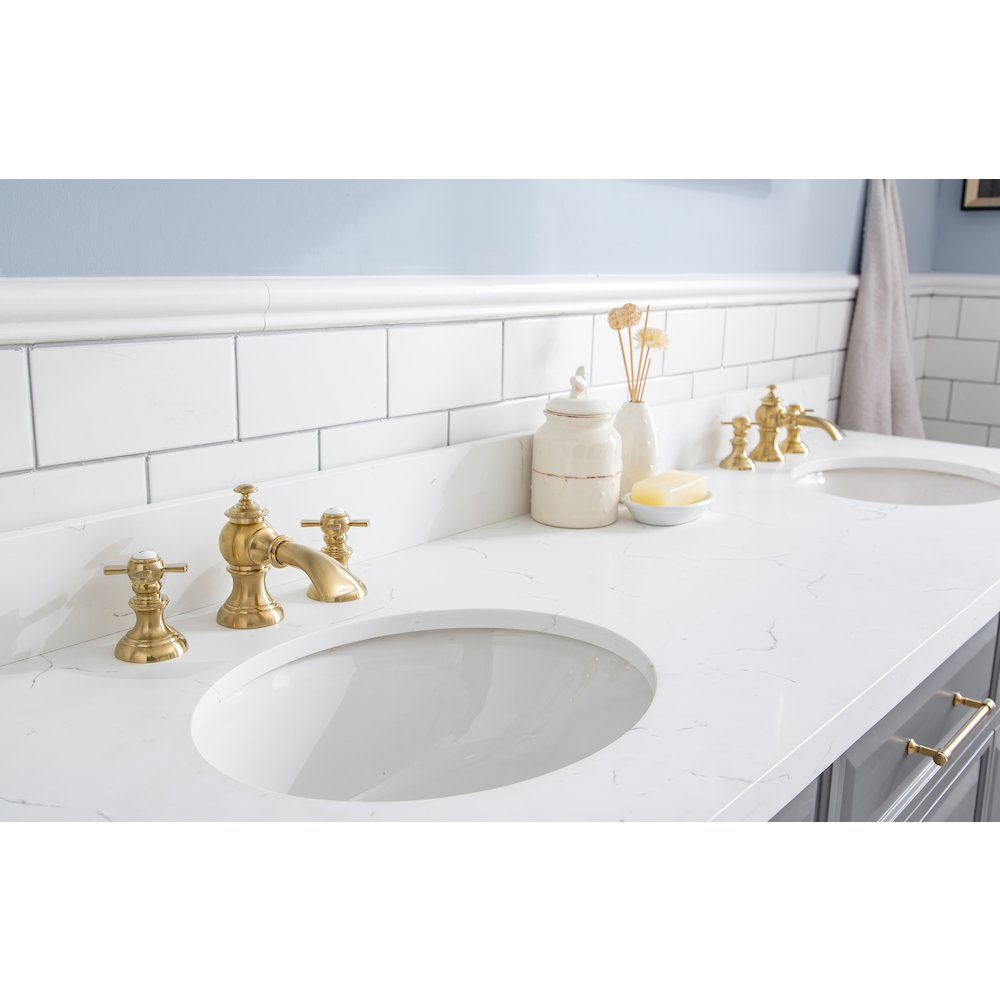 Palace 72 In. Double Sink Carrara Quartz Countertop Bath Vanity in Cashmere Grey. Picture 10