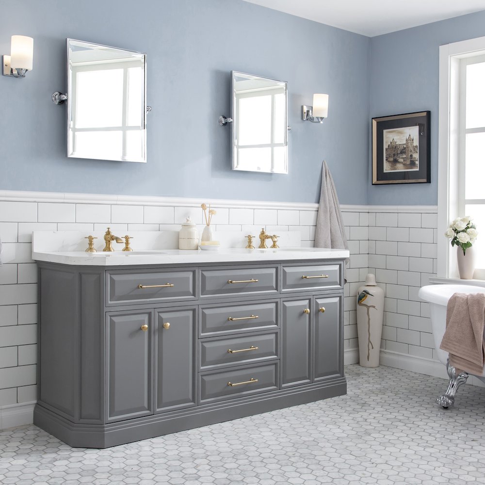 Palace 72 In. Double Sink Carrara Quartz Countertop Bath Vanity in Cashmere Grey. Picture 3
