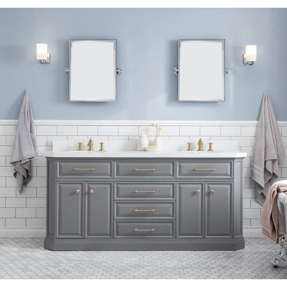 Palace 72 In. Double Sink Carrara Quartz Countertop Bath Vanity in Cashmere Grey. Picture 2
