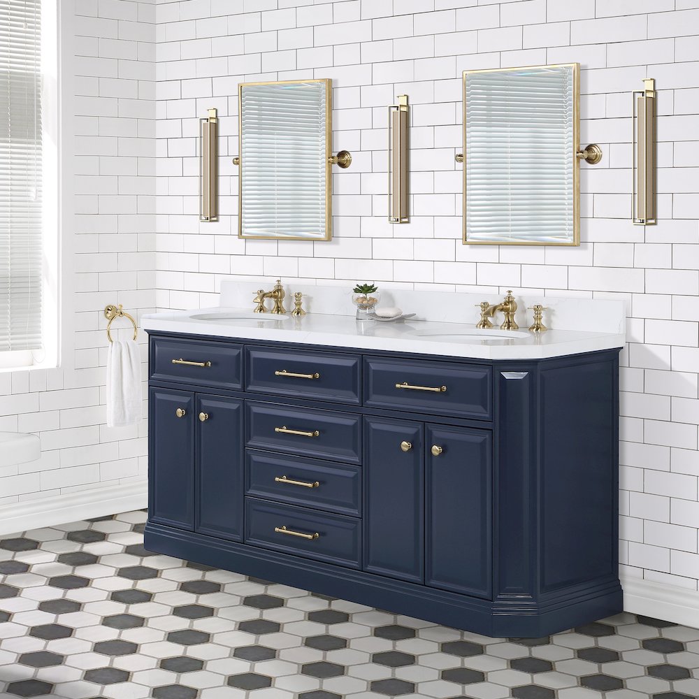 Palace 72 In. Double Sink Carrara Quartz Countertop Bath Vanity in Monarch Blue. Picture 3
