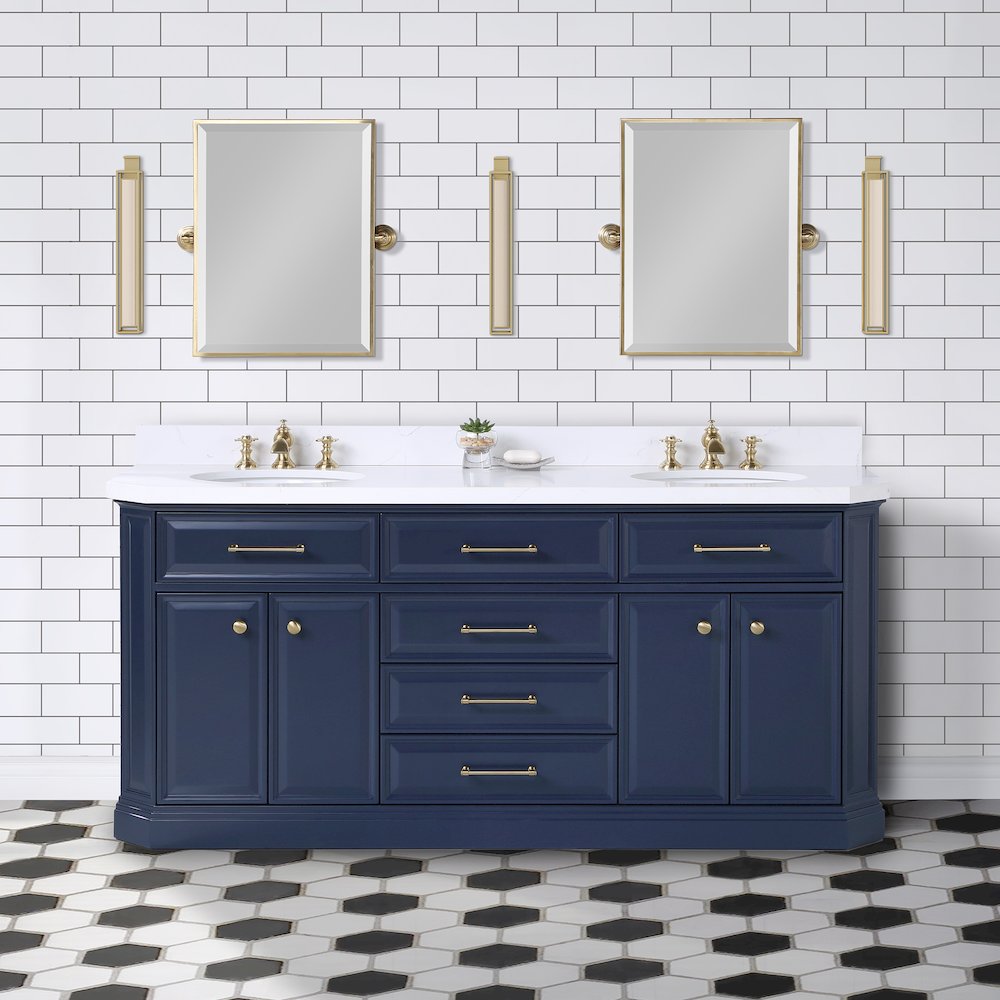 Palace 72 In. Double Sink Carrara Quartz Countertop Bath Vanity in Monarch Blue. Picture 2