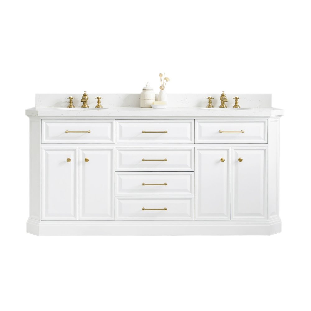 Palace 72 In. Double Sink Carrara Quartz Countertop Bath Vanity in Pure White. Picture 1