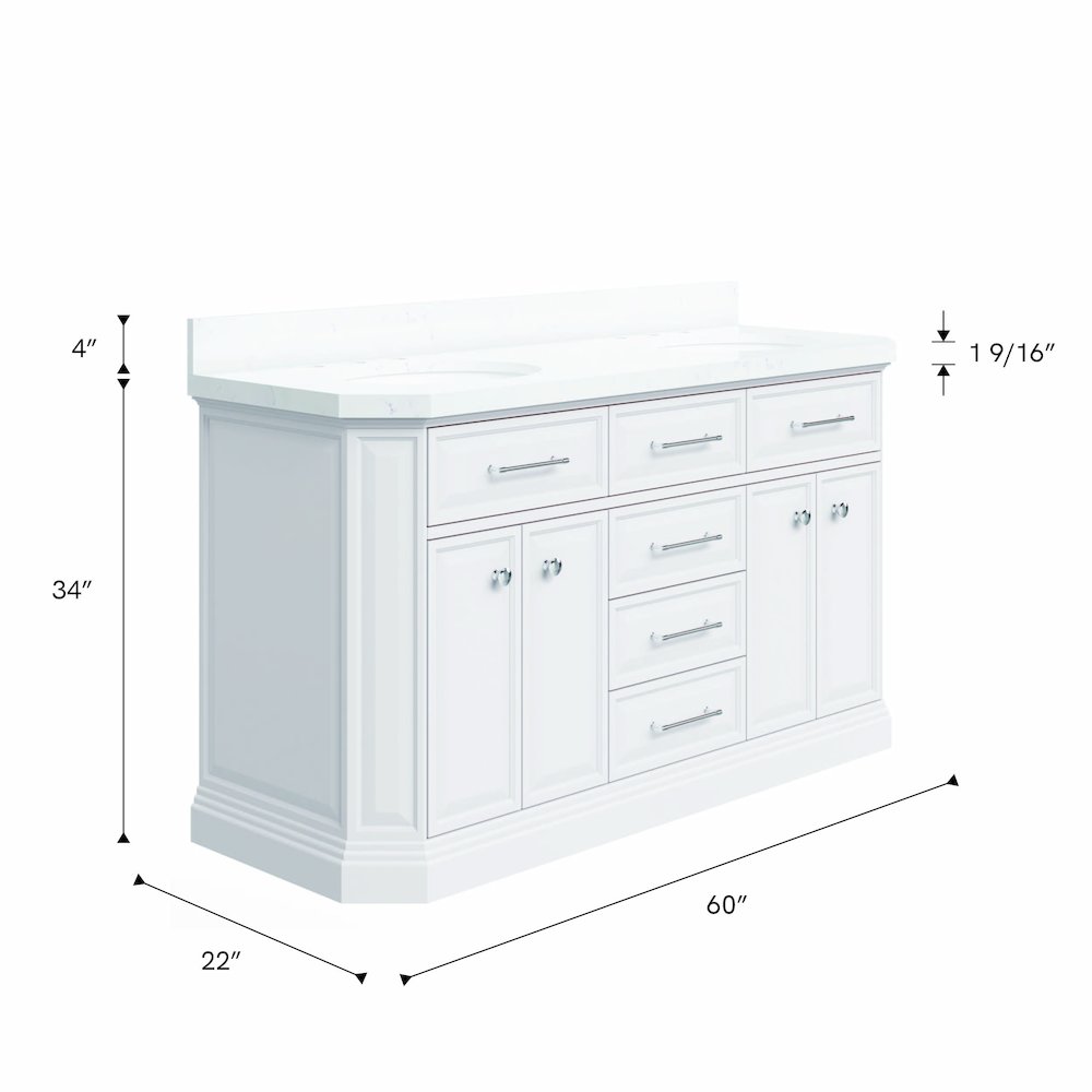 Palace 60 In. Double Sink Carrara Quartz Countertop Bath Vanity in Pure White. Picture 12