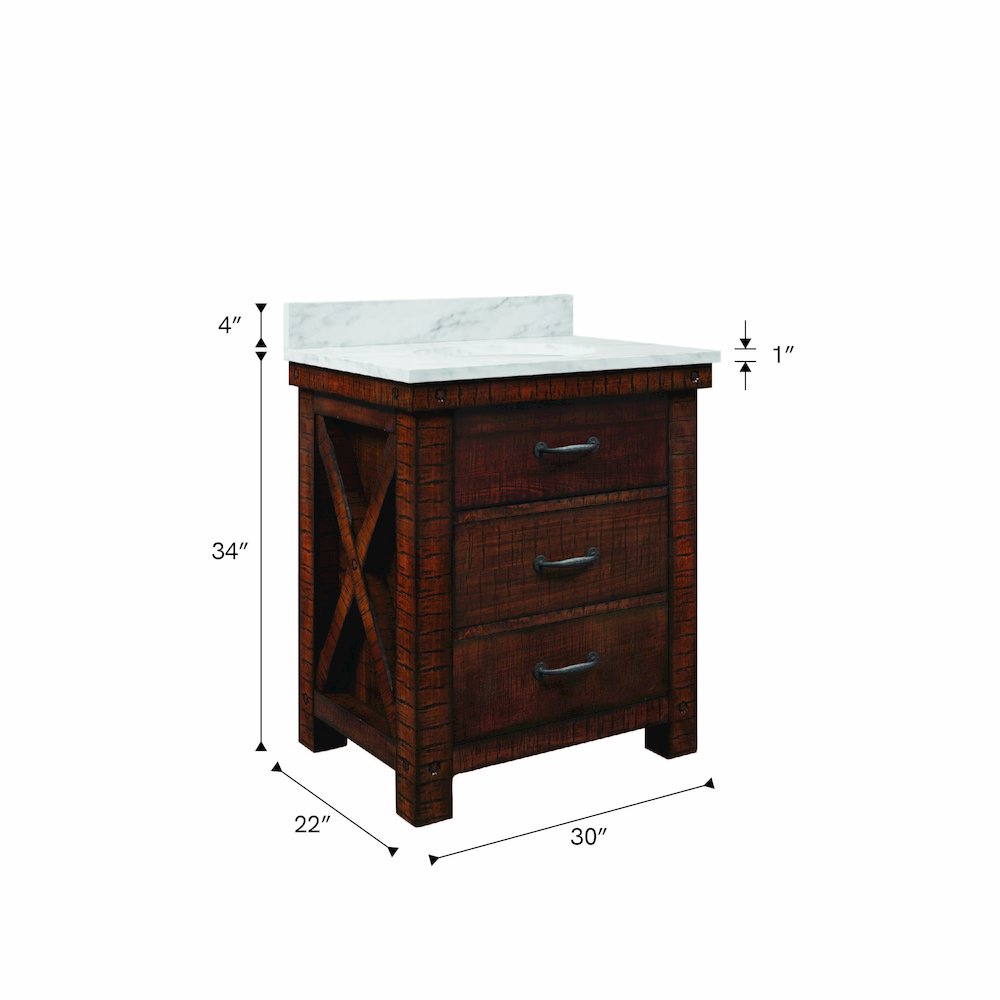 30 In. Single Sink Carrara White Marble Countertop Bath Vanity in Rustic Sienna. Picture 11