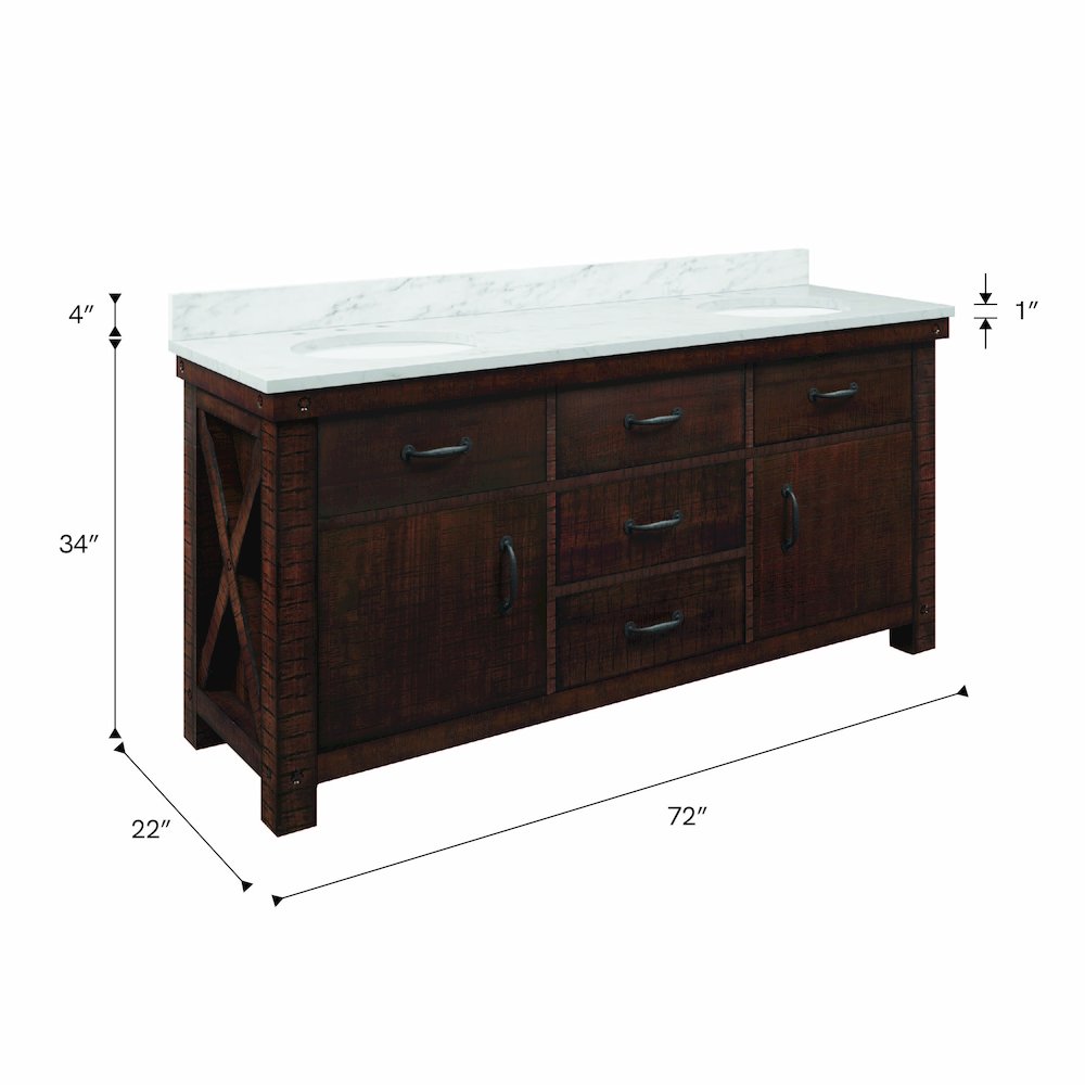 72 In. Double Sink Carrara White Marble Countertop Bath Vanity in Rustic Sienna. Picture 13