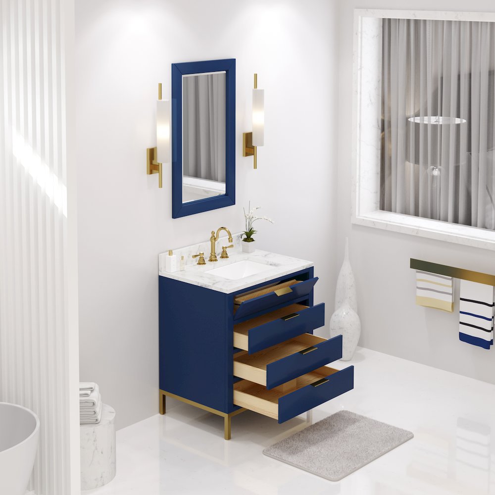 30 In. Single Sink Carrara White Marble Countertop Bath Vanity in Monarch Blue. Picture 4
