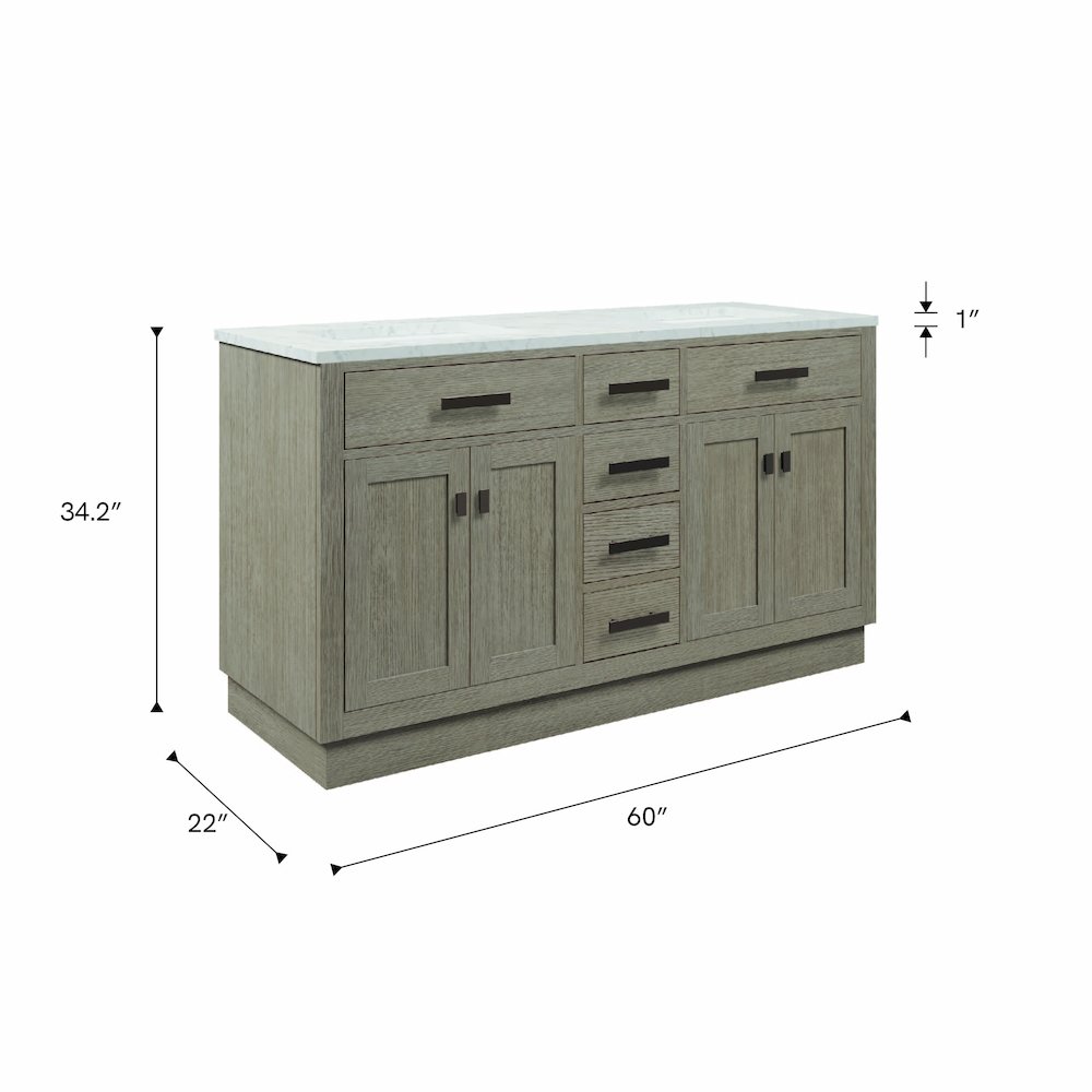 60 In. Double Sink Carrara White Marble Countertop Bath Vanity In Grey Oak. Picture 12