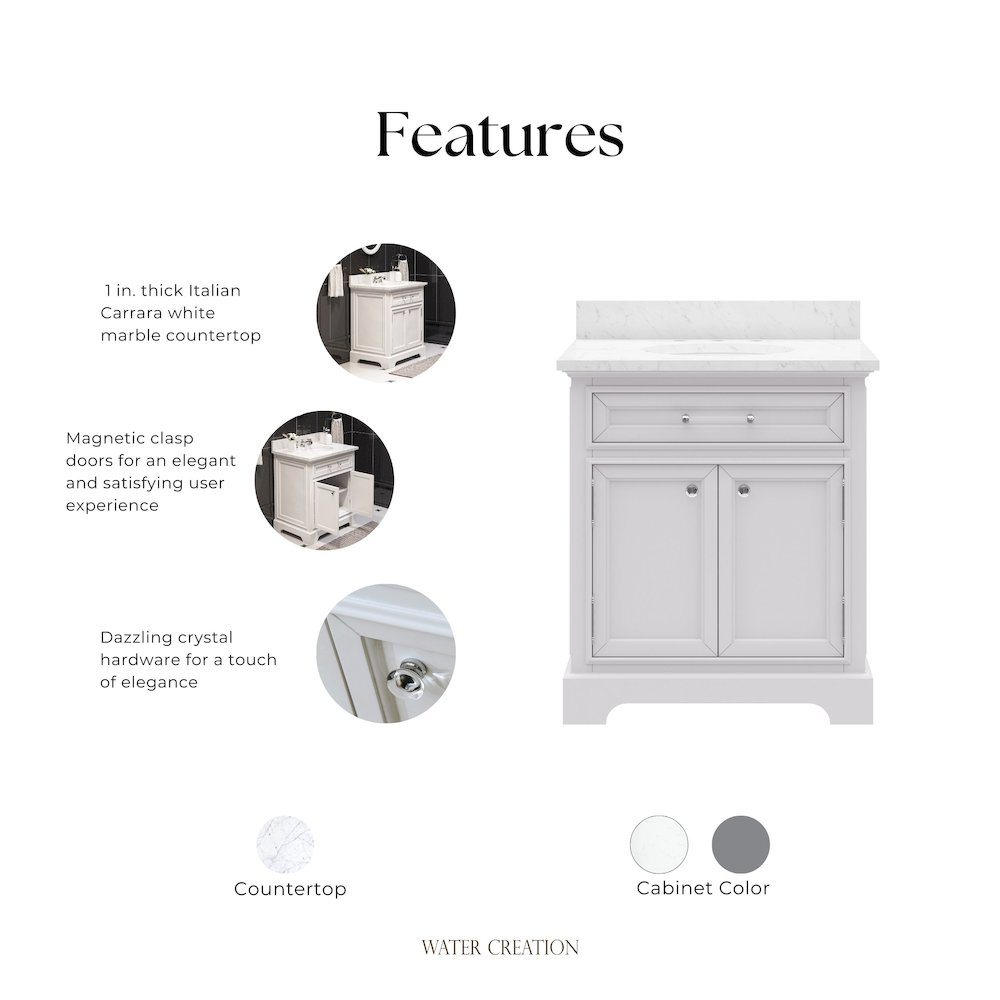 30 In. Single Sink Carrara White Marble Countertop Bath Vanity In Pure White. Picture 11