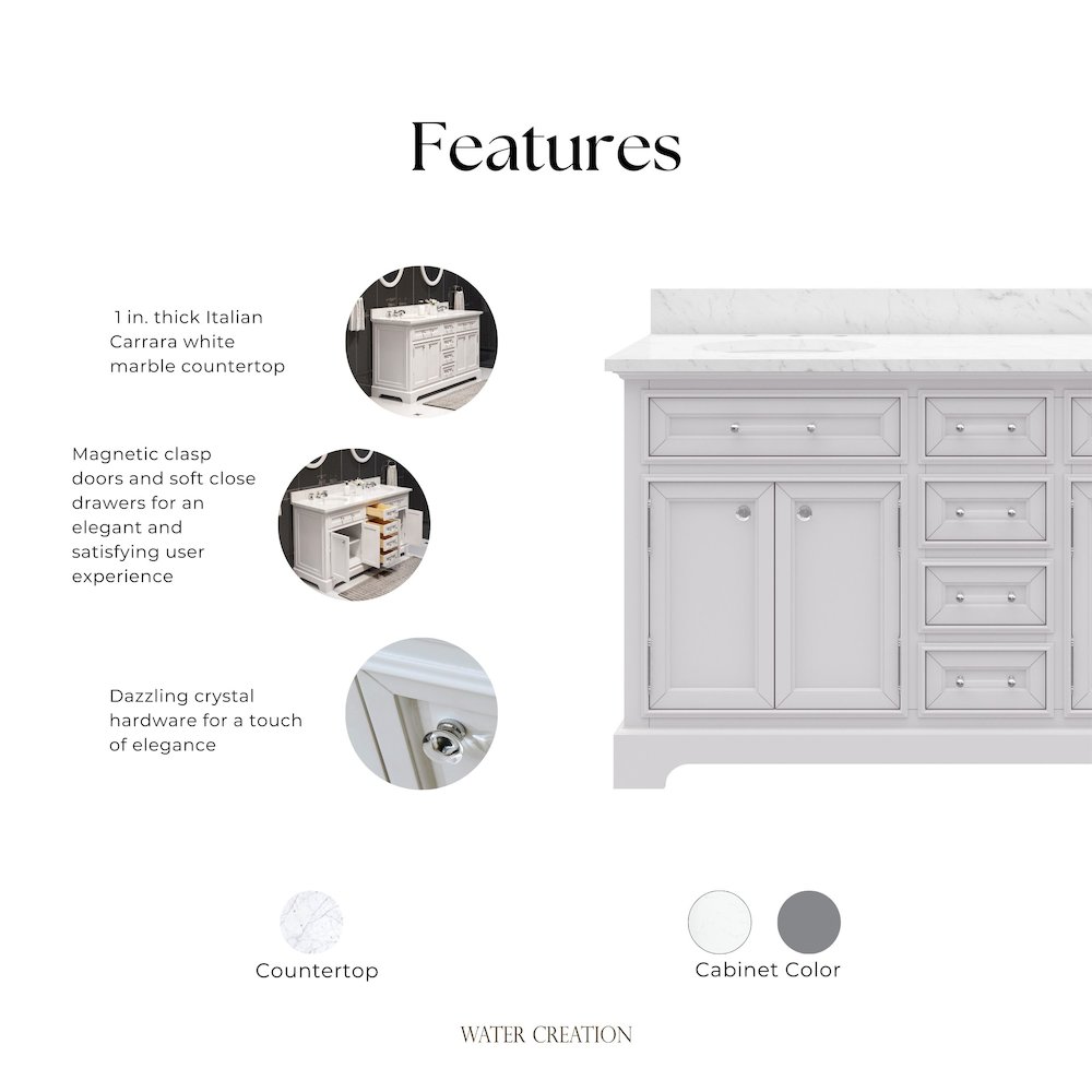 60 In. Double Sink Carrara White Marble Countertop Bath Vanity In Pure White. Picture 11