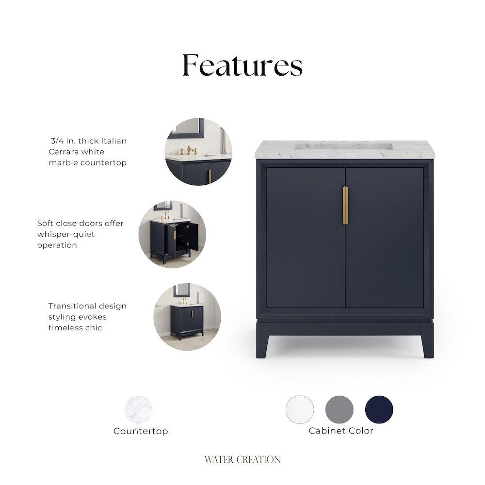 30 In. Single Sink Carrara White Marble Countertop Bath Vanity In Monarch Blue. Picture 6