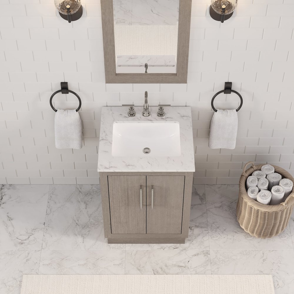 Hugo 24 In. Single Sink Carrara White Marble Countertop Bath Vanity in Grey Oak. Picture 11