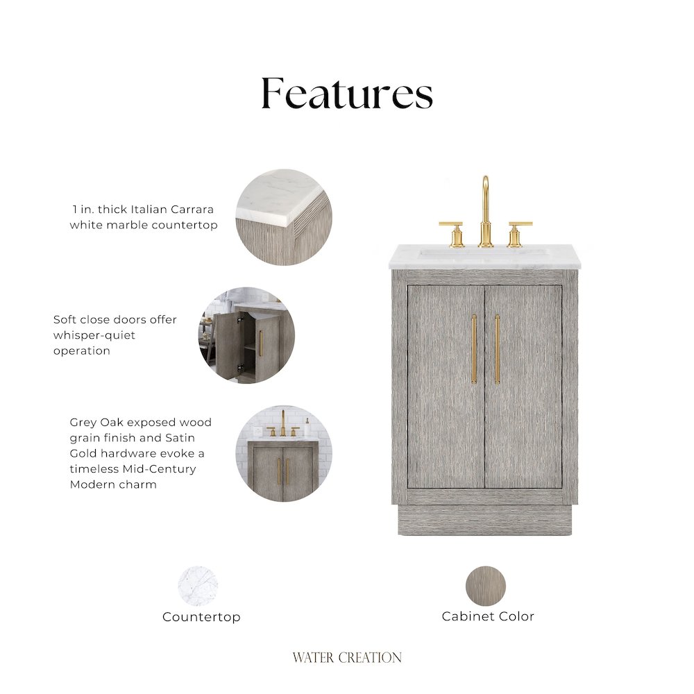 Hugo 24 In. Single Sink Carrara White Marble Countertop Bath Vanity in Grey Oak. Picture 12