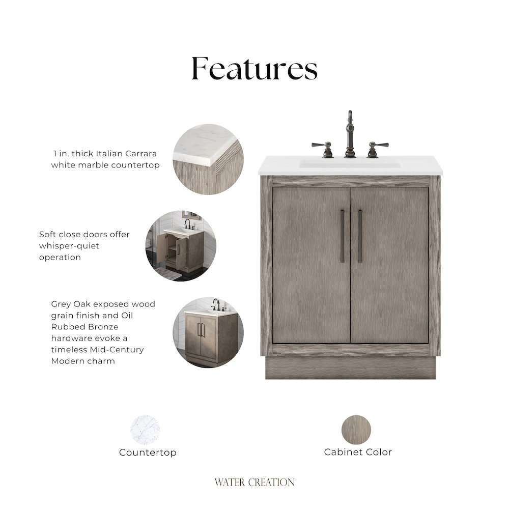 Hugo 30 In. Single Sink Carrara White Marble Countertop Vanity in Grey Oak. Picture 11