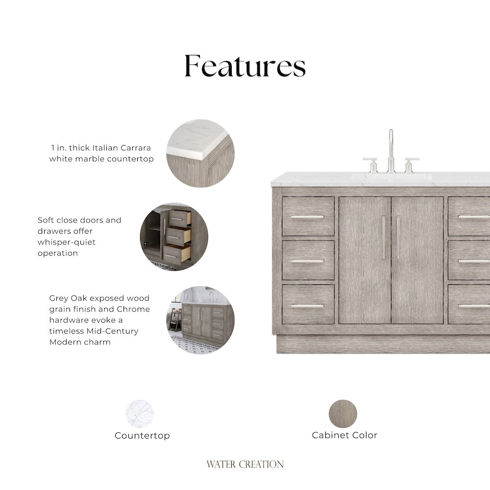 Hugo 48 In. Single Sink Carrara White Marble Countertop Bath Vanity in Grey Oak. Picture 12