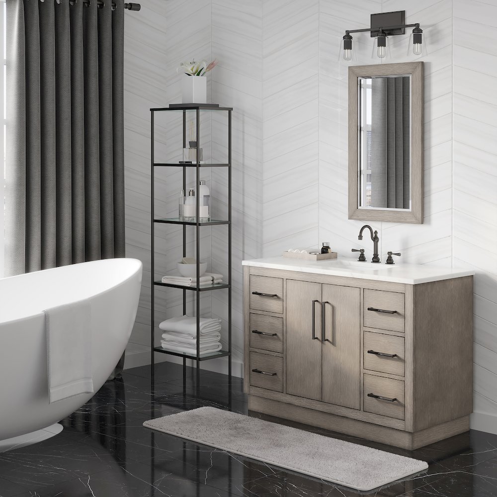 Hugo 48 In. Single Sink Carrara White Marble Countertop Vanity in Grey Oak. Picture 3