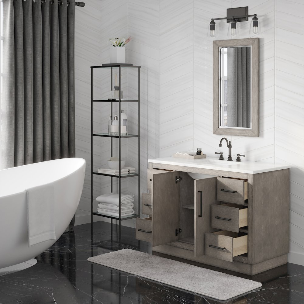 Hugo 48 In. Single Sink Carrara White Marble Countertop Vanity in Grey Oak. Picture 4