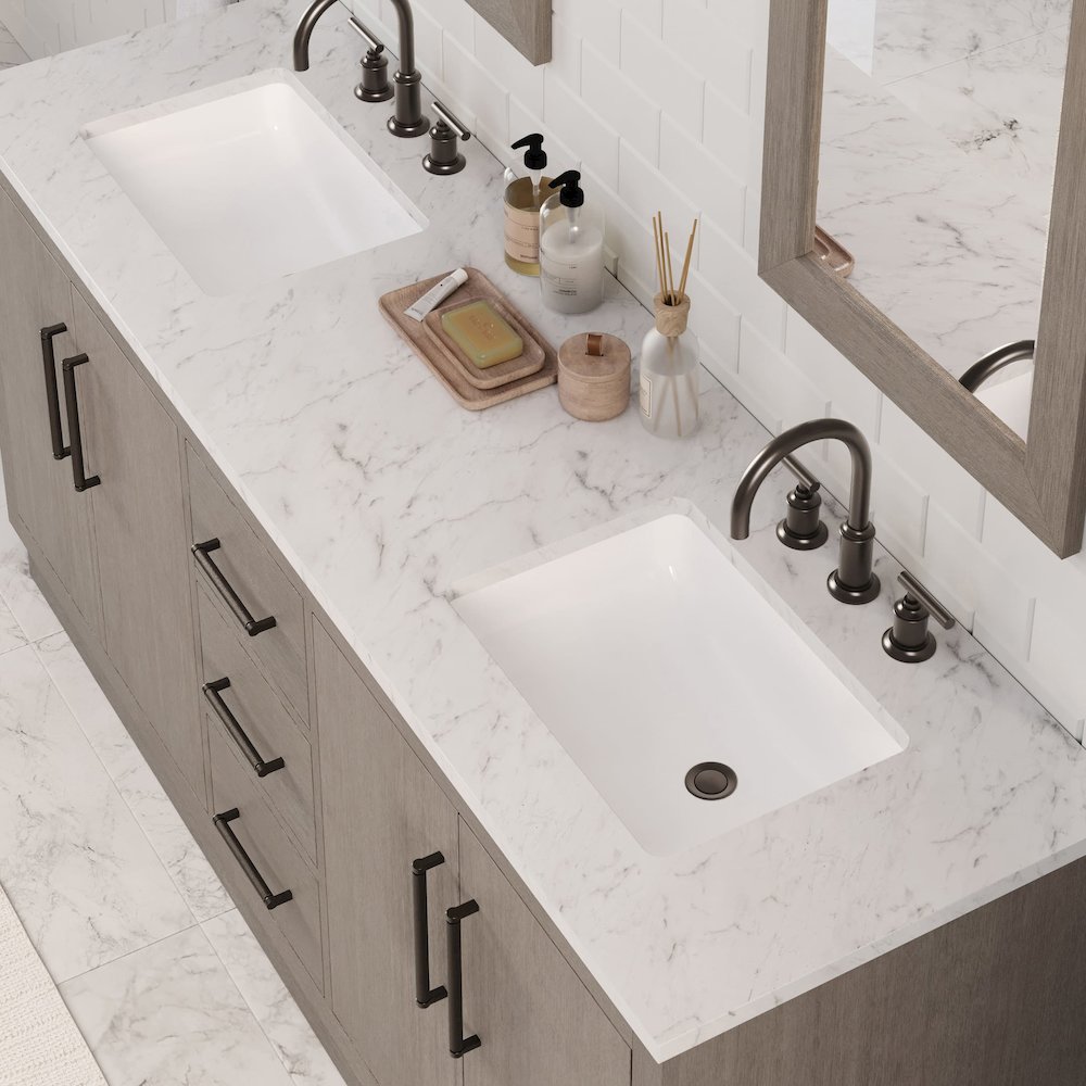 Hugo 72 In. Single Sink Carrara White Marble Countertop Vanity in Grey Oak. Picture 11