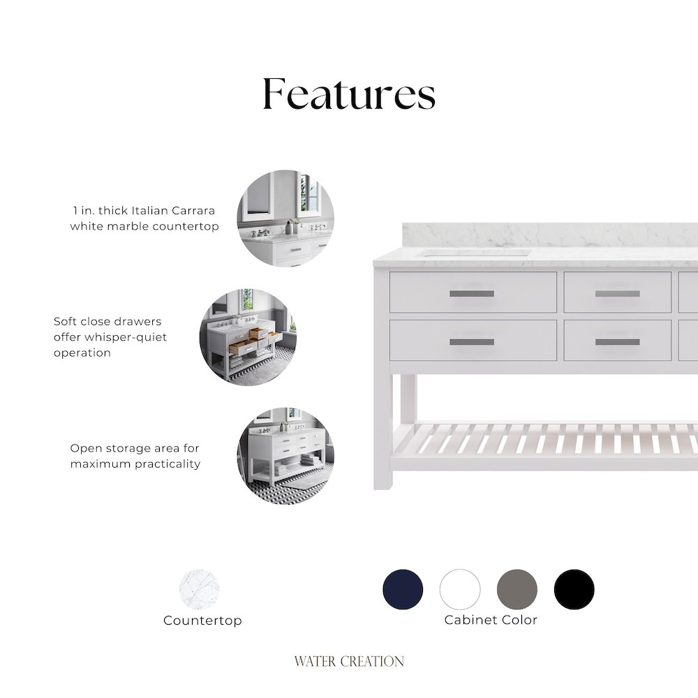 Madalyn 72 In. Double Sink Carrara White Marble Countertop Bath Vanity. Picture 8