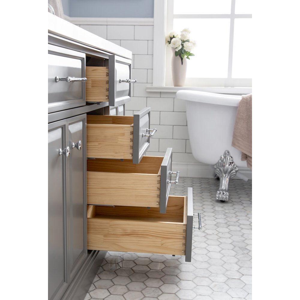Palace 60 In. Double Sink Carrara Quartz Countertop Bath Vanity in Cashmere Grey. Picture 7