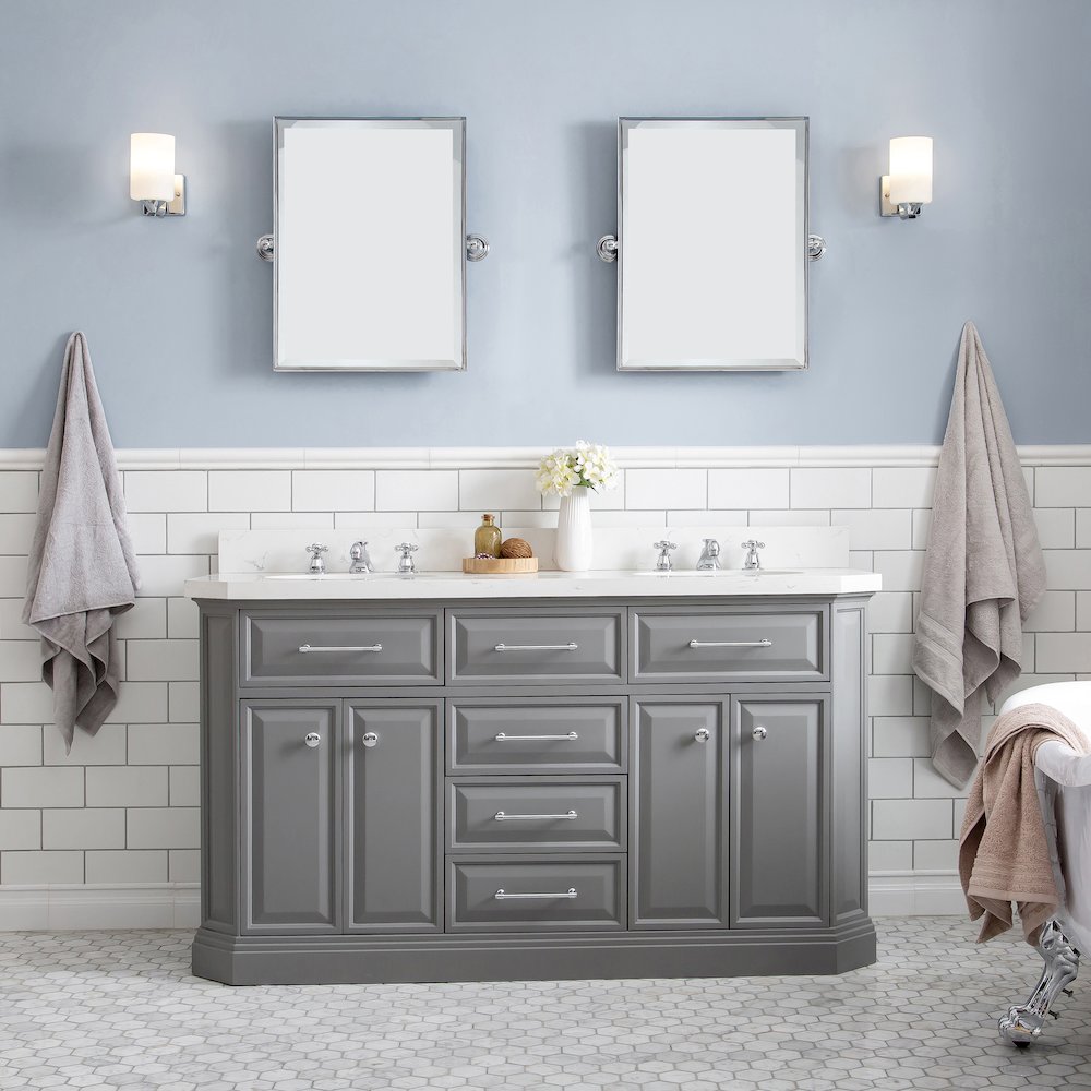 Palace 60 In. Double Sink Carrara Quartz Countertop Bath Vanity in Cashmere Grey. Picture 2