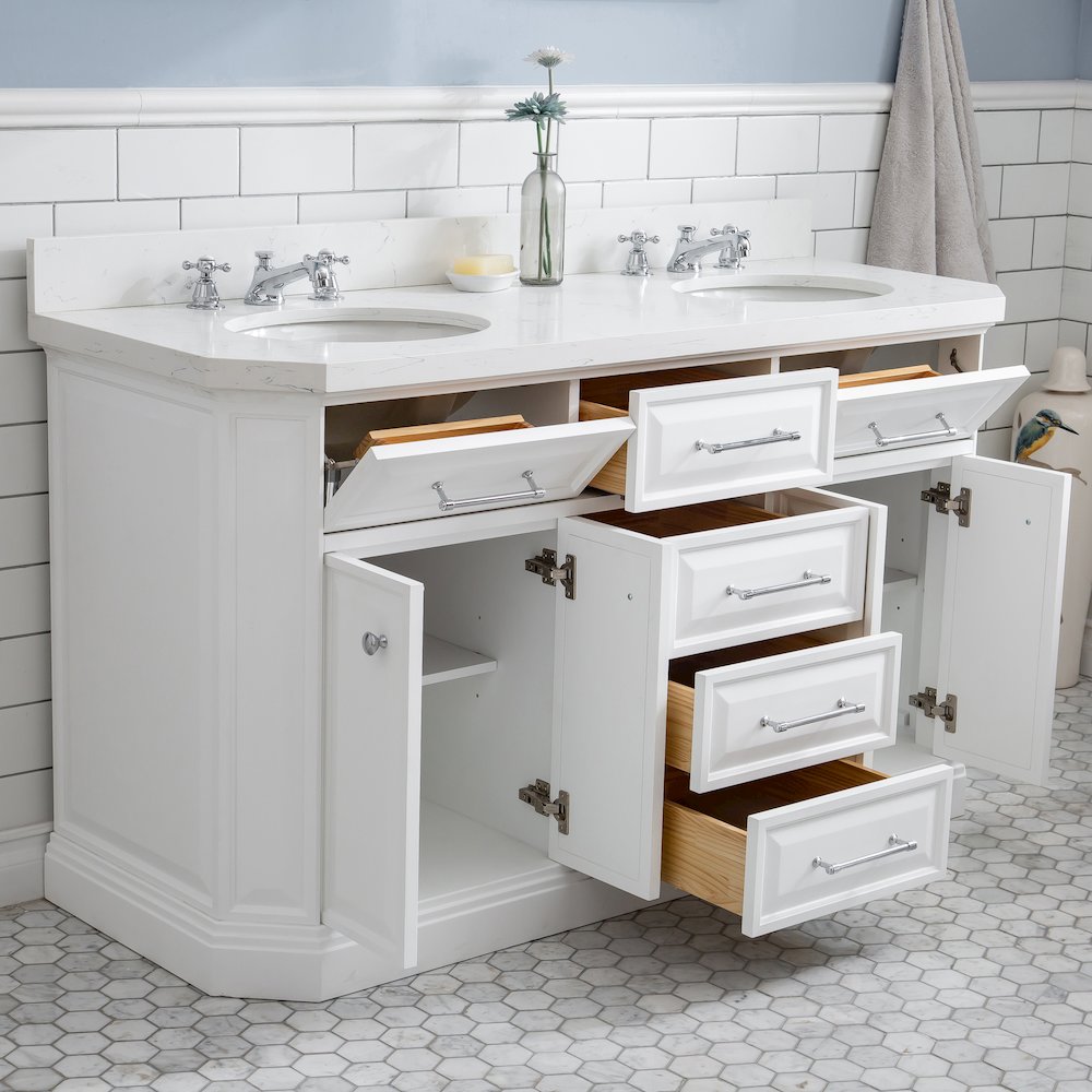 Palace 60 In. Double Sink Carrara Quartz Countertop Bath Vanity in Pure White. Picture 4