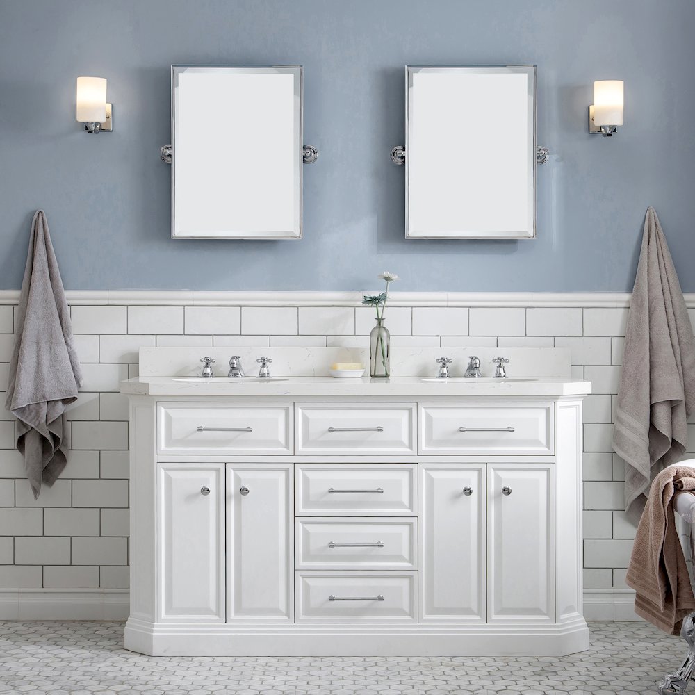 Palace 60 In. Double Sink Carrara Quartz Countertop Bath Vanity in Pure White. Picture 2