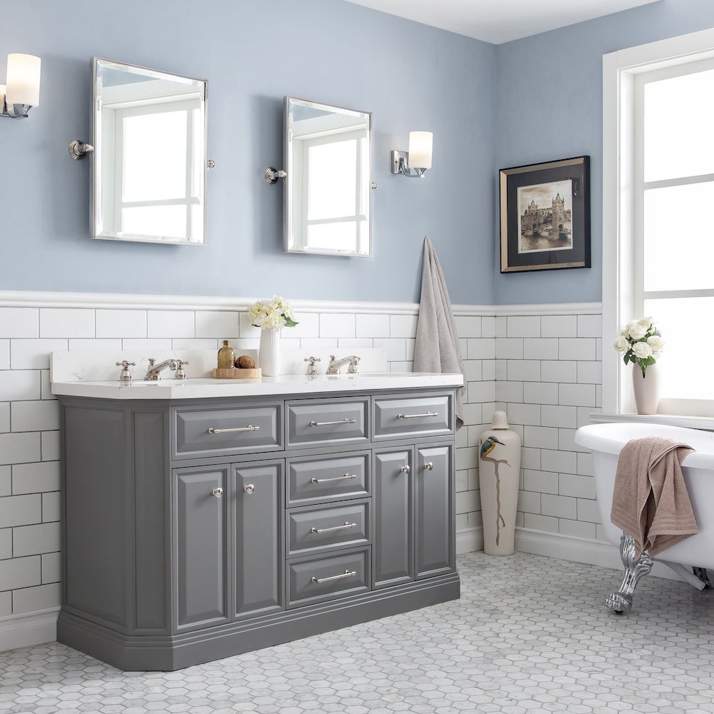 Palace 60 In. Double Sink Carrara Quartz Countertop Bath Vanity in Cashmere Grey. Picture 3