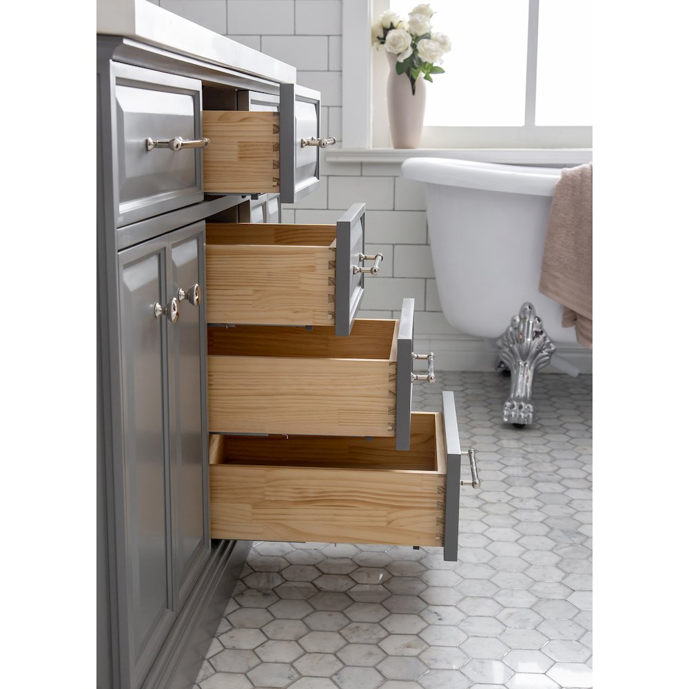 Palace 60 In. Double Sink Carrara Quartz Countertop Bath Vanity in Cashmere Grey. Picture 7