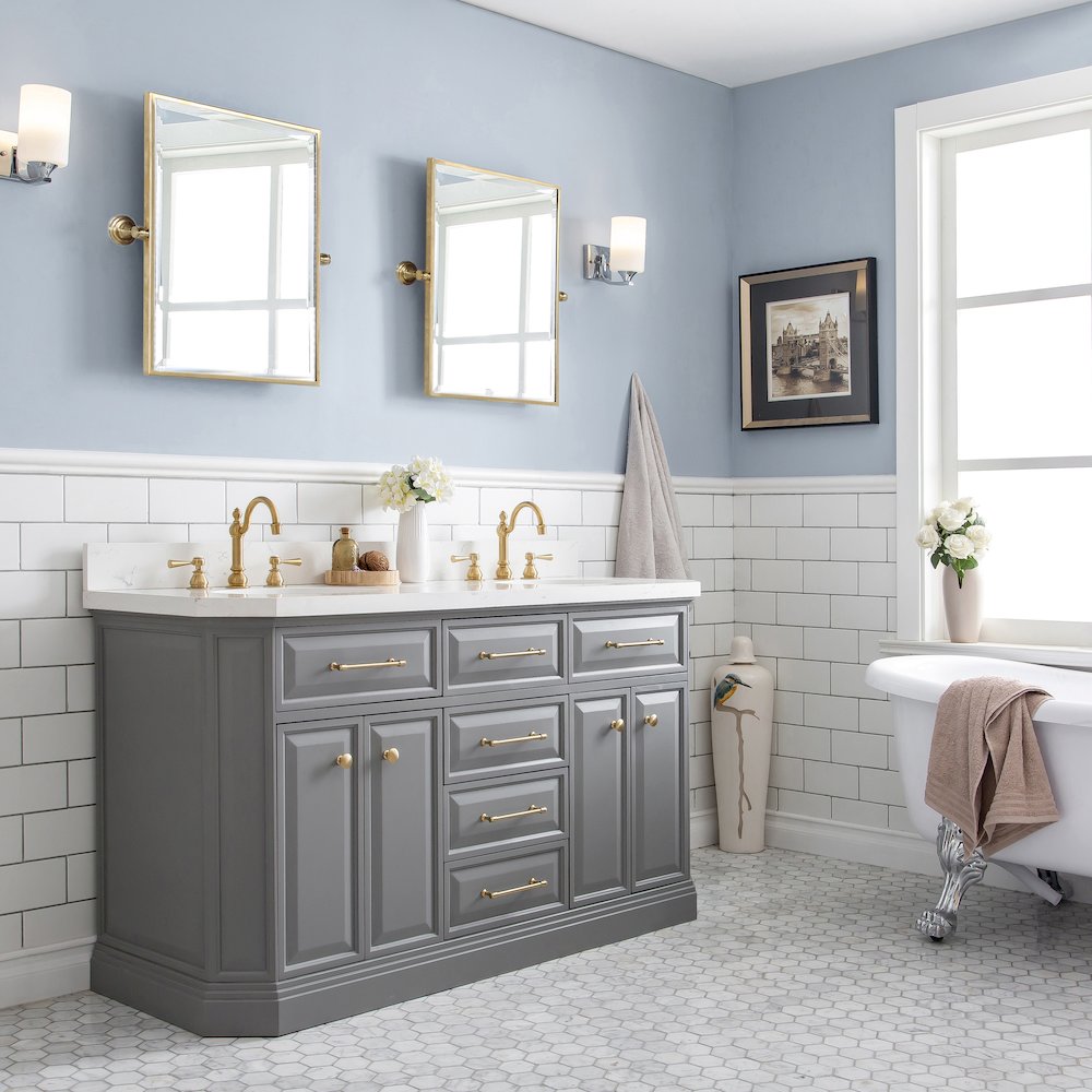 Palace 60 In. Double Sink Carrara Quartz Countertop Bath Vanity in Cashmere Grey. Picture 3