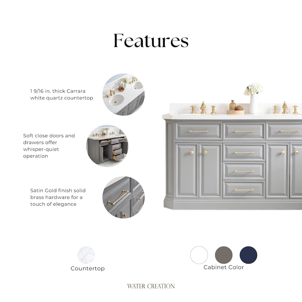Palace 60 In. Double Sink Carrara Quartz Countertop Bath Vanity in Cashmere Grey. Picture 13