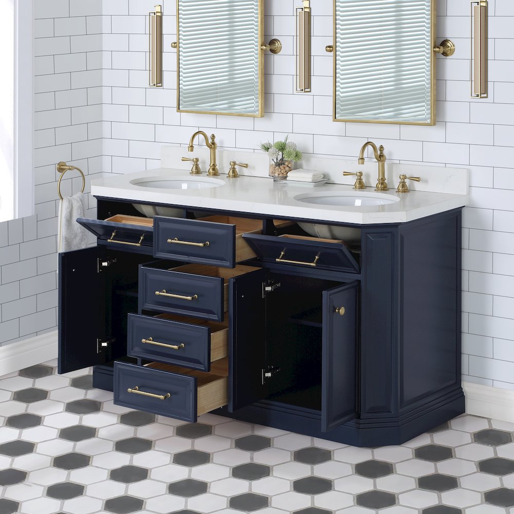 Palace 60 In. Double Sink Carrara Quartz Countertop Bath Vanity in Monarch Blue. Picture 4