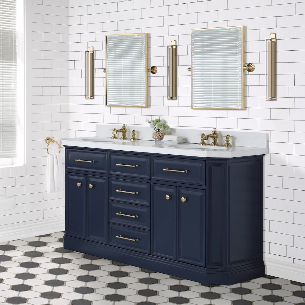 Palace 60 In. Double Sink Carrara Quartz Countertop Bath Vanity in Monarch Blue. Picture 3