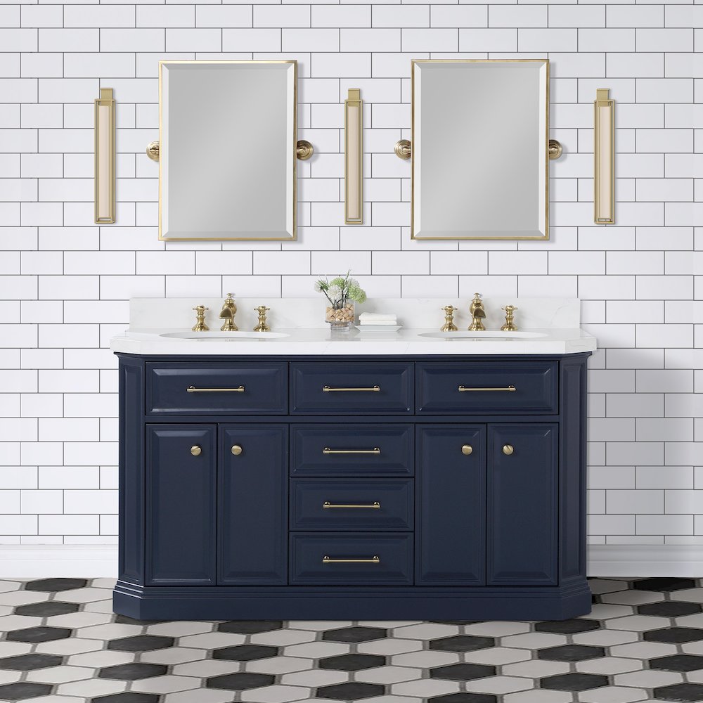 Palace 60 In. Double Sink Carrara Quartz Countertop Bath Vanity in Monarch Blue. Picture 2