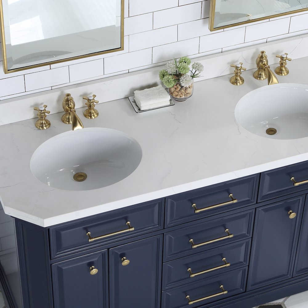 Palace 60 In. Double Sink Carrara Quartz Countertop Bath Vanity in Monarch Blue. Picture 5