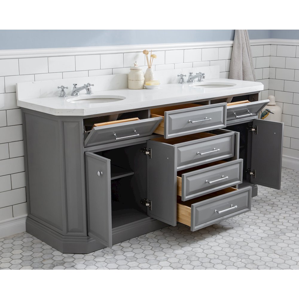Palace 72 In. Double Sink Carrara Quartz Countertop Bath Vanity in Cashmere Grey. Picture 4