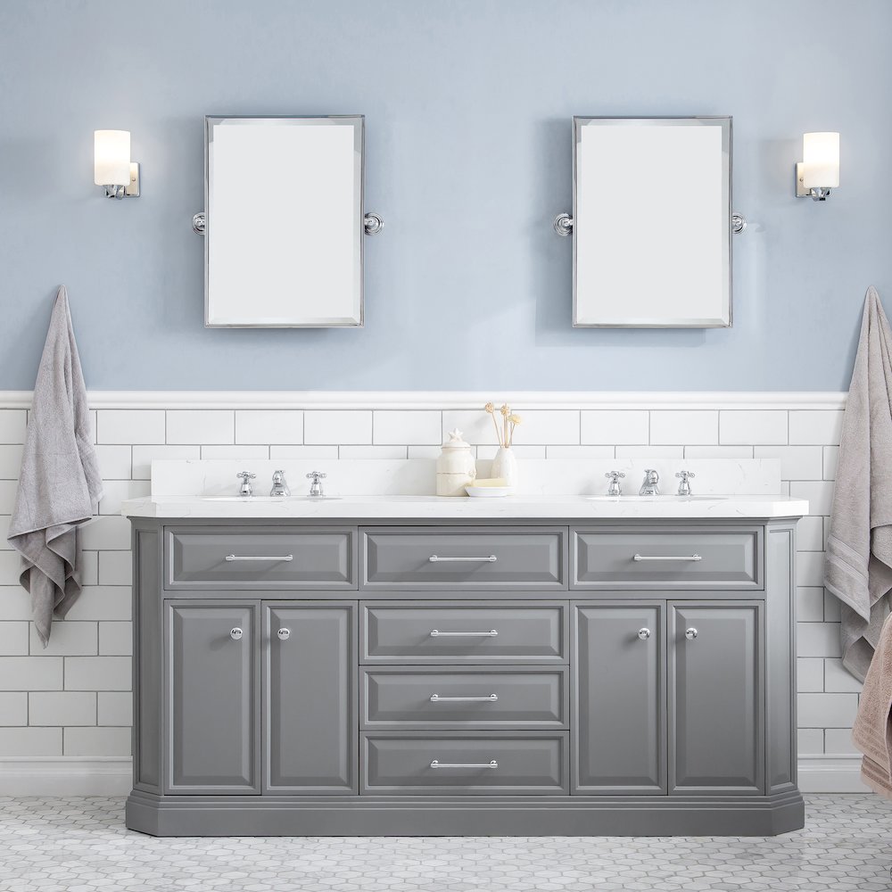 Palace 72 In. Double Sink Carrara Quartz Countertop Bath Vanity in Cashmere Grey. Picture 2