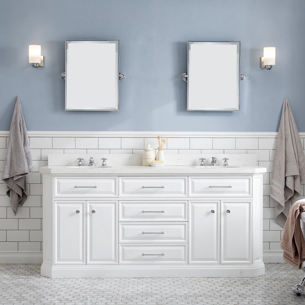 Palace 72 In. Double Sink Carrara Quartz Countertop Bath Vanity in Pure White. Picture 2