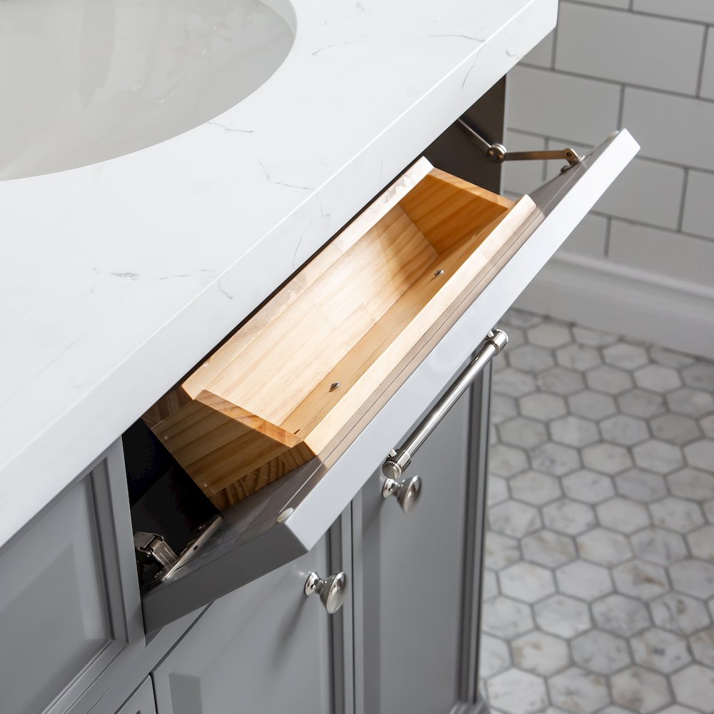 Palace 72 In. Double Sink Carrara Quartz Countertop Bath Vanity in Cashmere Grey. Picture 8