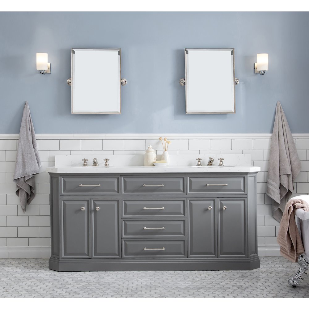Palace 72 In. Double Sink Carrara Quartz Countertop Bath Vanity in Cashmere Grey. Picture 2