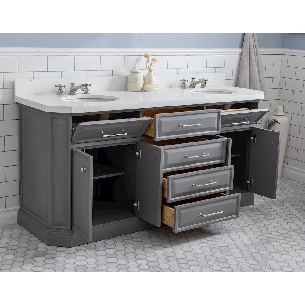 Palace 72 In. Double Sink Carrara Quartz Countertop Bath Vanity in Cashmere Grey. Picture 4