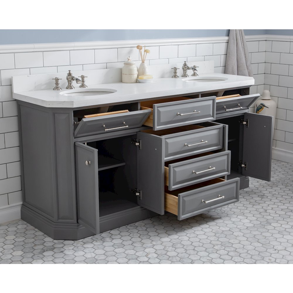 Palace 72 In. Double Sink Carrara Quartz Countertop Bath Vanity in Cashmere Grey. Picture 4
