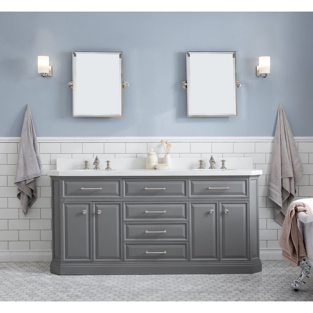 Palace 72 In. Double Sink Carrara Quartz Countertop Bath Vanity in Cashmere Grey. Picture 2