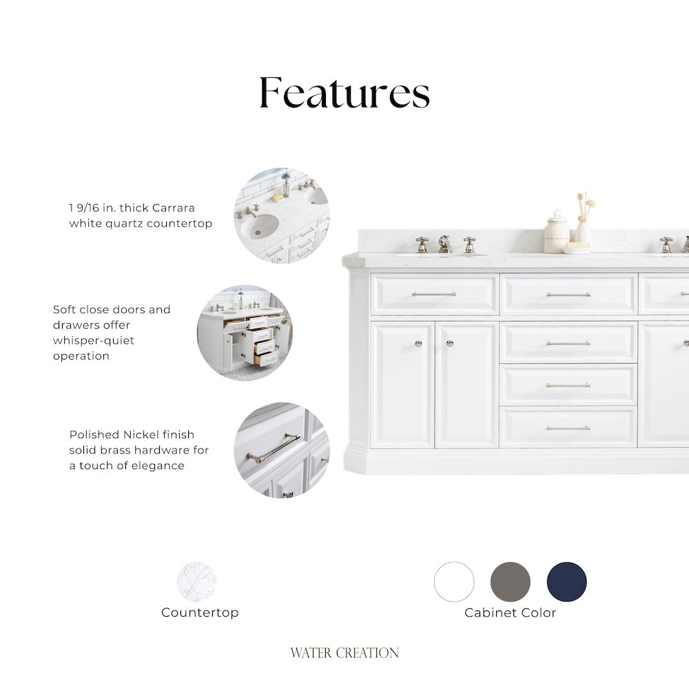 Palace 72 In. Double Sink Carrara Quartz Countertop Bath Vanity in Pure White. Picture 13