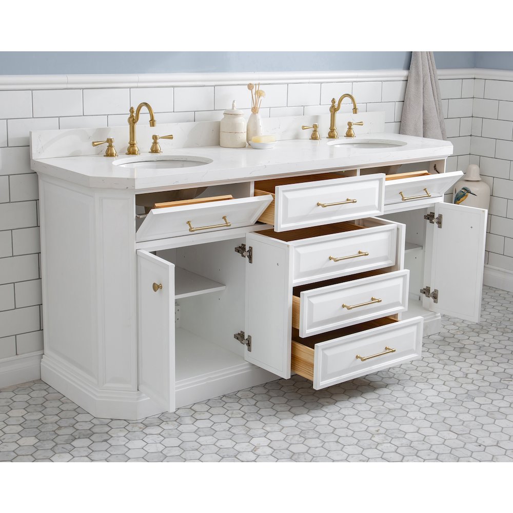 Palace 72 In. Double Sink Carrara Quartz Countertop Bath Vanity in Pure White. Picture 4