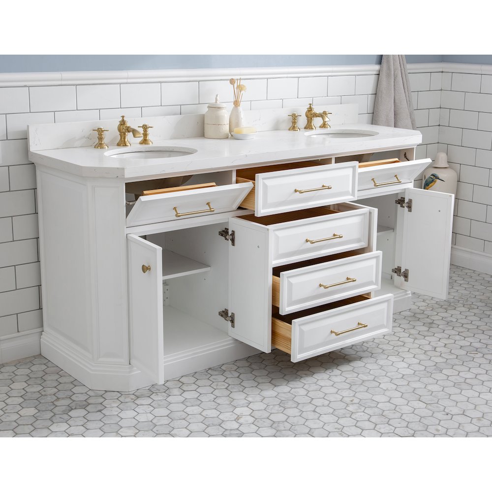 Palace 72 In. Double Sink Carrara Quartz Countertop Bath Vanity in Pure White. Picture 4
