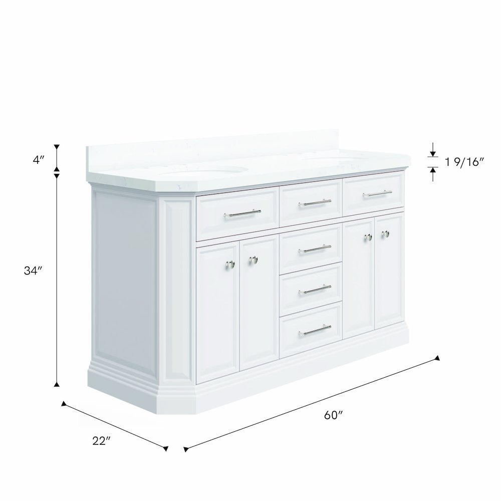 Palace 60 In. Double Sink Carrara Quartz Countertop Bath Vanity in Pure White. Picture 12